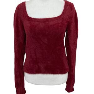 new ASTR The Label Cherry Red Fuzzy Sweater sz M NWOT Puff Shoulder Square neck
